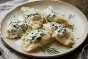 Домашние вареники с картофелем и сметанным соусом с зеленью