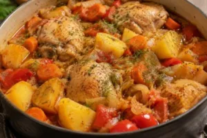 Тушеная курица с овощами в кастрюле