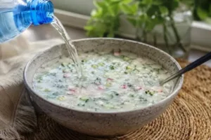 Окрошка на воде с колбасой и лимонно-горчичной заправкой