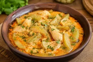 Сливочная курица с кабачками на сковороде