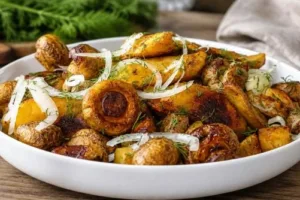 Картофельные дольки с грибами в духовке в пряном майонезном маринаде