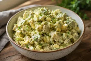 Ленивый картофельный салат с солёными огурцами и зеленью