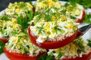 Готовлю эту вкуснятину всё лето! Помидоры «Под шубкой» — яркая закуска из томатов и тунца за 5 минут