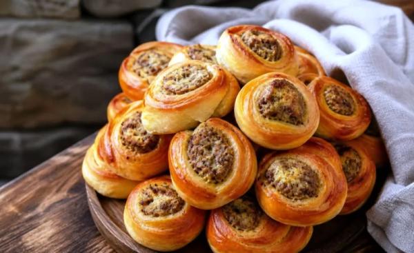 Пирожки с картошкой и фаршем без лепки: сворачиваю тесто рулетом с начинкой и нарезаю порциями — быстро и красиво
