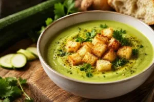 Крем-суп из кабачков с красной чечевицей и пряными сухариками