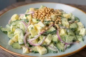 Огуречный салат с маринованным луком и хрустящими семечками